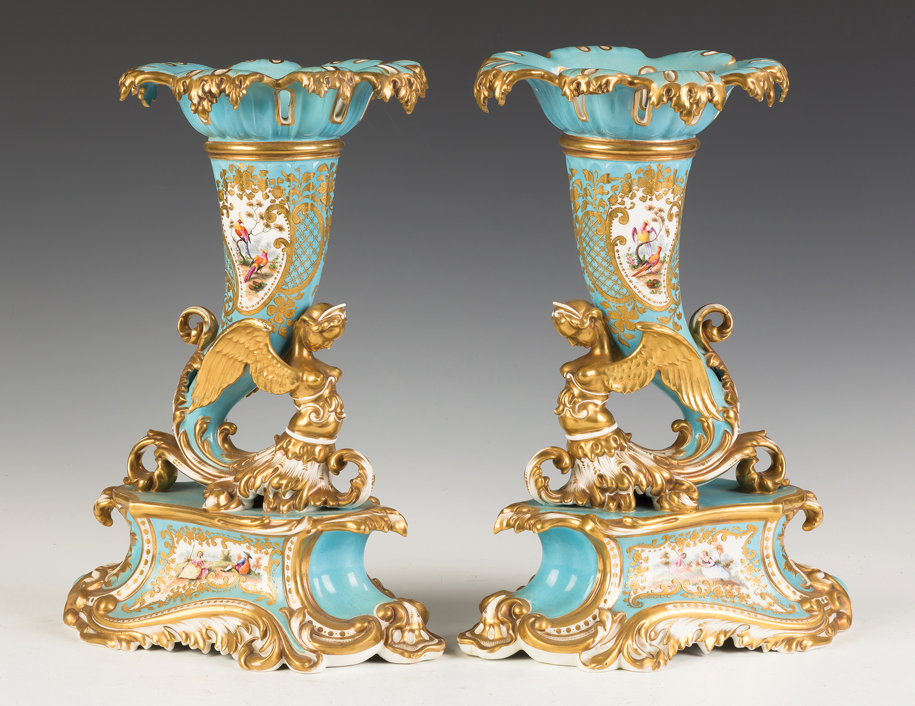 Appraisal: Chamberlain and Co Worcester Cornucopia Vases th century Hand painted