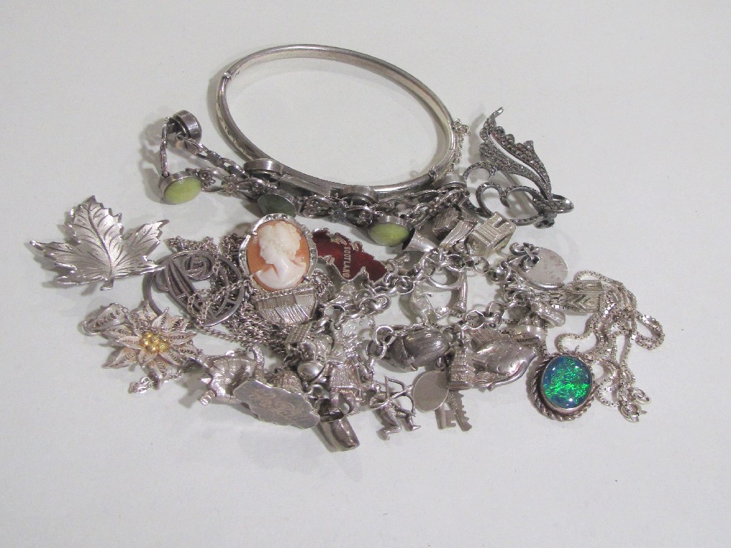 Appraisal: Lot of silver pieces to include charm bracelet bangle marcasite