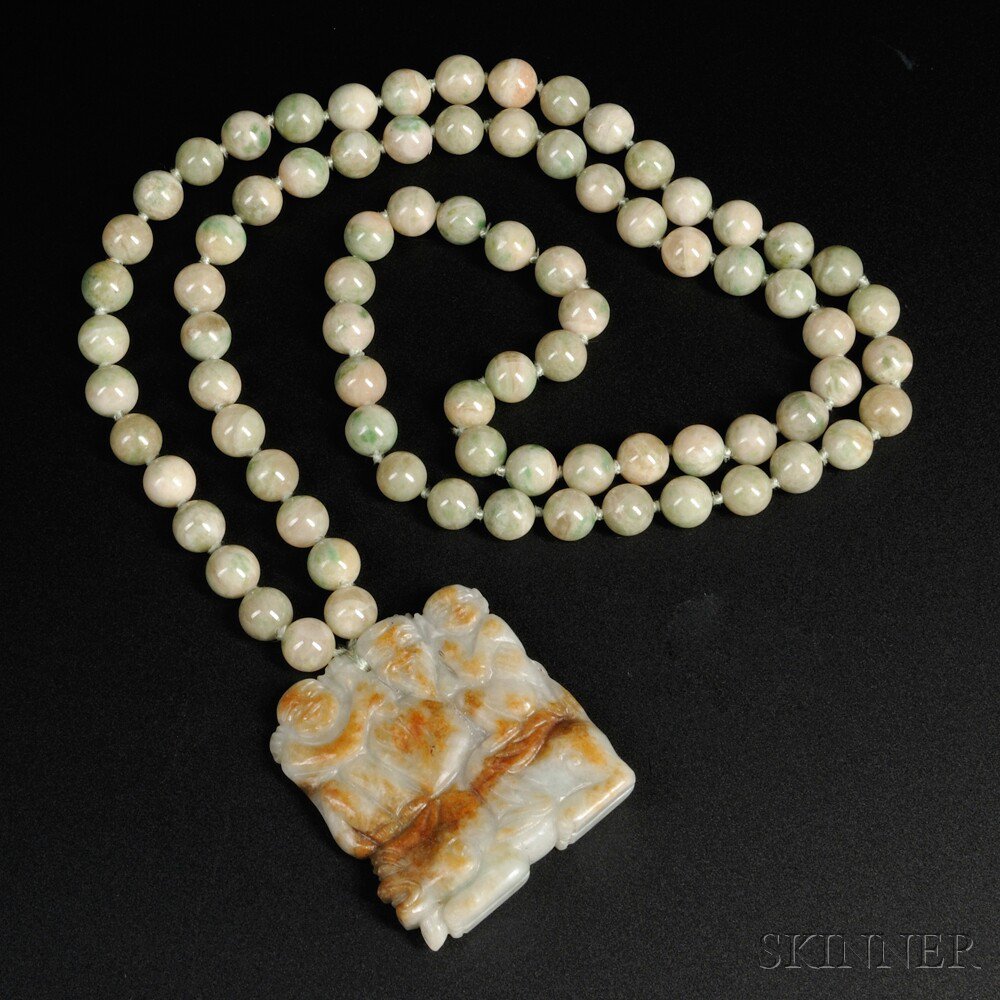 Appraisal: Jade Bead Necklace with Jade Plaque China th century the