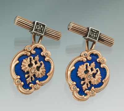 Appraisal: A Pair of Russian Enameled Diamond K Gold Cufflinks Hallmarked