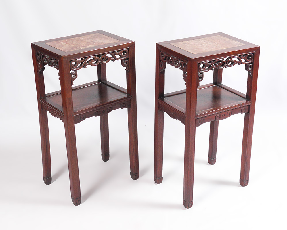 Appraisal: PAIR OF MARBLE TOP ORIENTAL TIER STANDS Rectangular top with