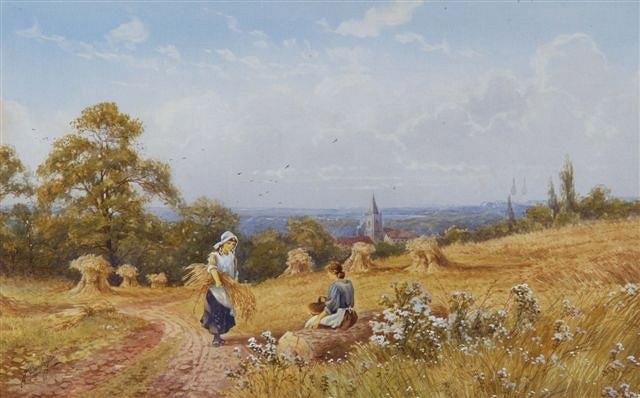 Appraisal: J BARCLAY - Figures in a cornfield with village in