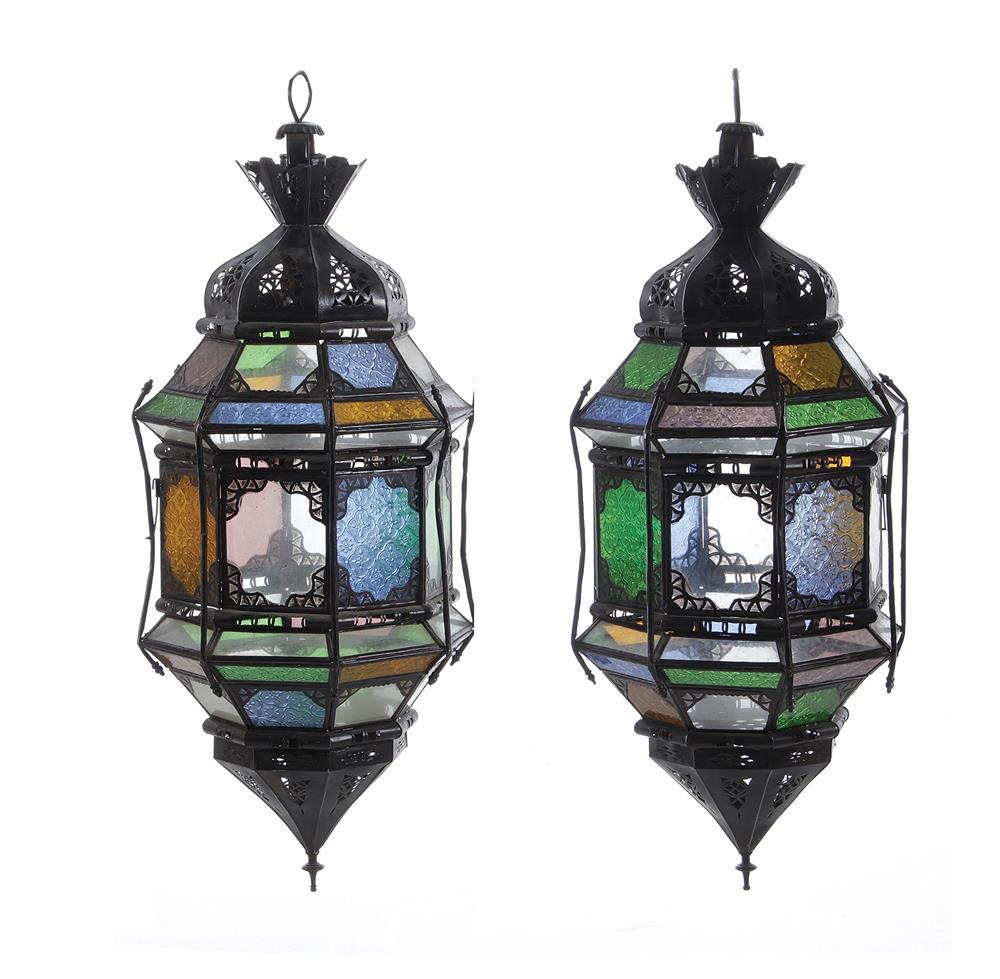 Appraisal: Pair Moroccan Moorish metal and glass lanterns H Dia