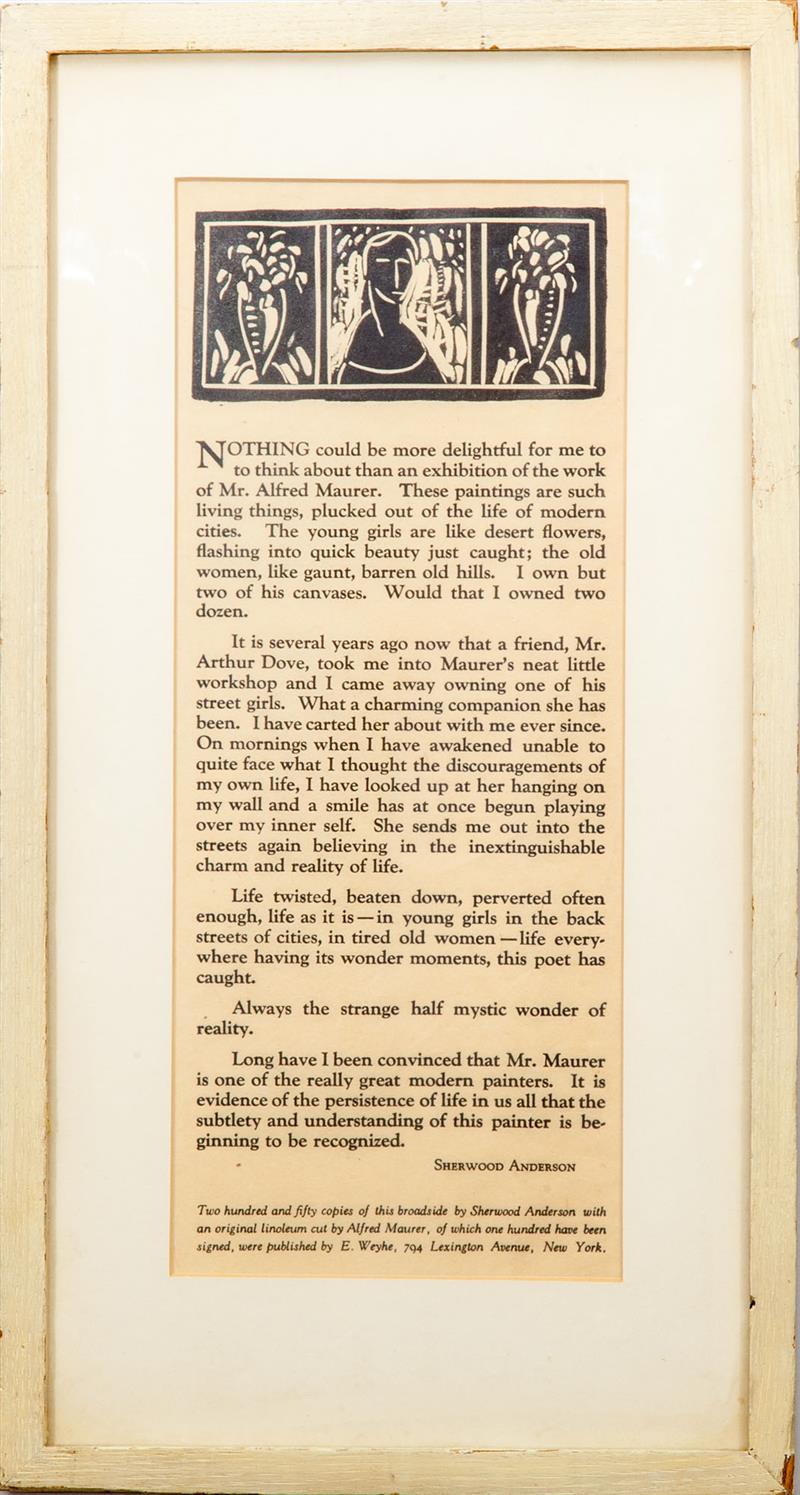 Appraisal: Sherwood Anderson Broadside Text with linoleum cut by Alfred Maurer