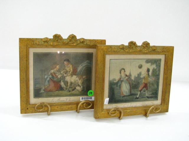 Appraisal: Pair of French color engravings bow-knot motif frames ''La Bonne