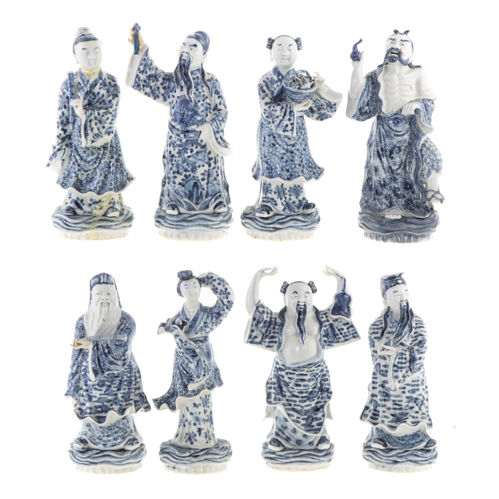 Appraisal: EIGHT CHINESE BLUE WHITE IMMORTAL FIGURES th century eight Daoist