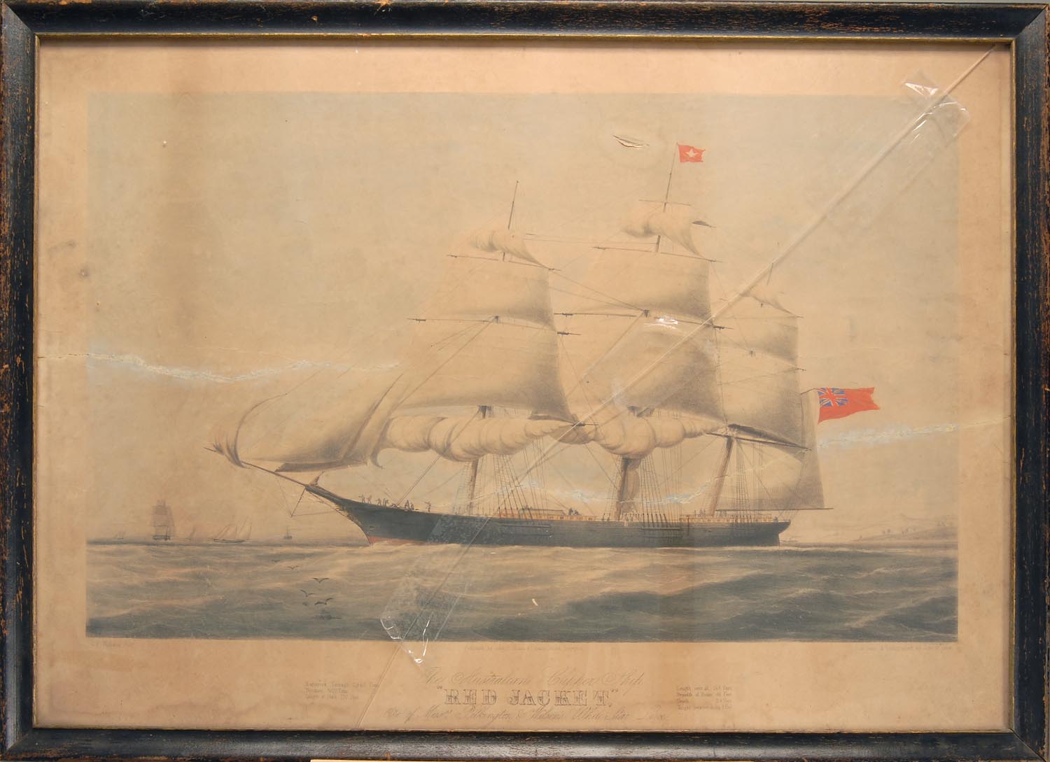 Appraisal: RARE FRAMED TH CENTURY LITHOGRAPH the Australian Clipper Ship Red