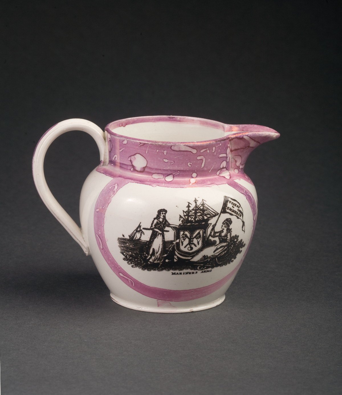 Appraisal: SUNDERLAND CREAMWARE BLACK TRANSFER-PRINTED AND PINK LUSTRE-DECORATED CREAM JUG CIRCA