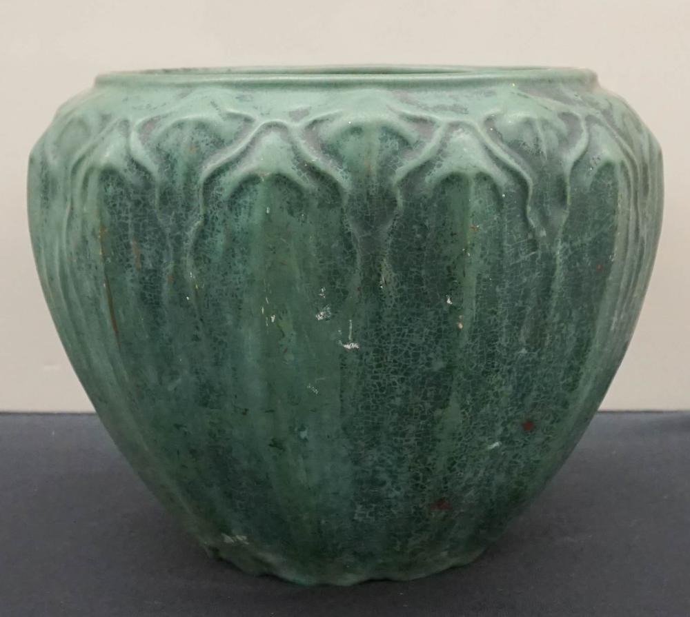 Appraisal: WELLER GREEN GLAZE POTTERY JARDINIERE H IN CM Weller Green