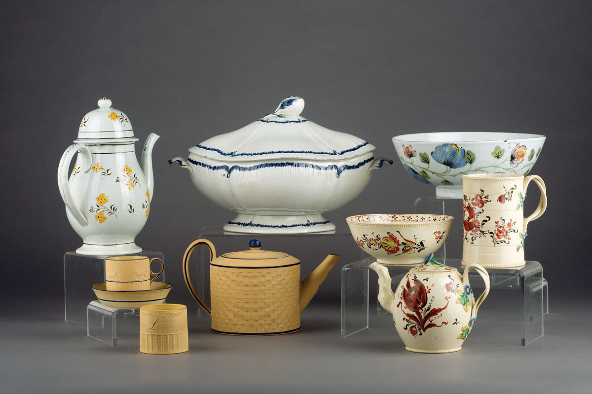 Appraisal: THREE ENGLISH CANEWARE TEAWARES CIRCA - Comprising a teapot impressed