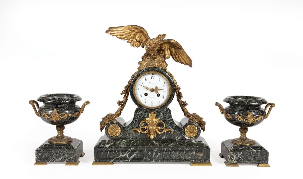 Appraisal: French Gilt Bronze-Mounted Verde Antico Marble Three-Piece Clock Garniture late