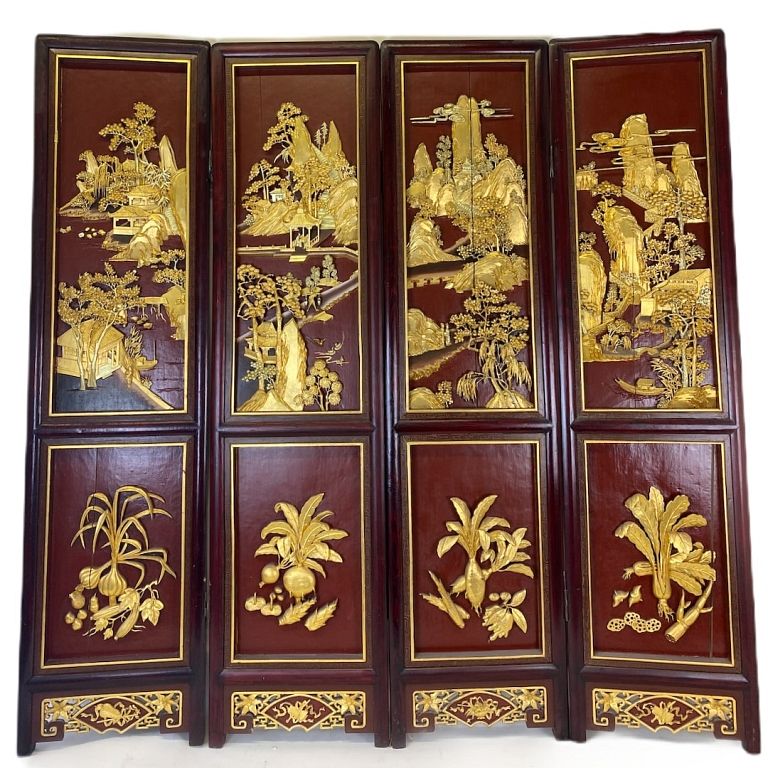 Appraisal: Chinese Red Lacquered Gilt Painted Screen Chinese Red Lacquered Gilt