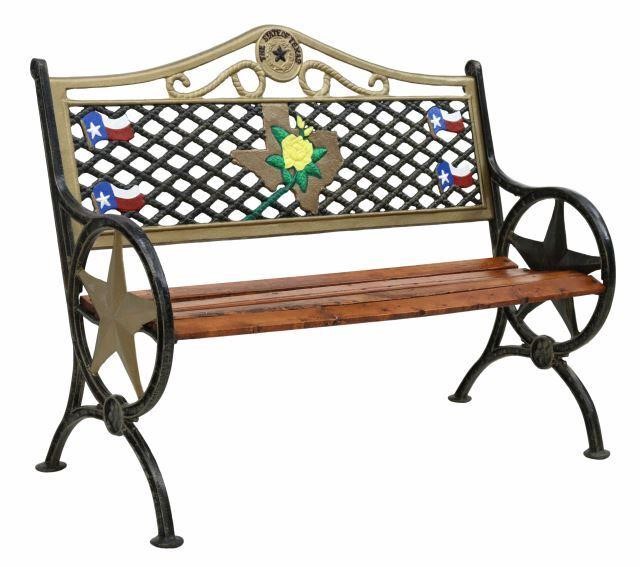 Appraisal: Cast iron and wood bench back featuring polychrome painted Texas