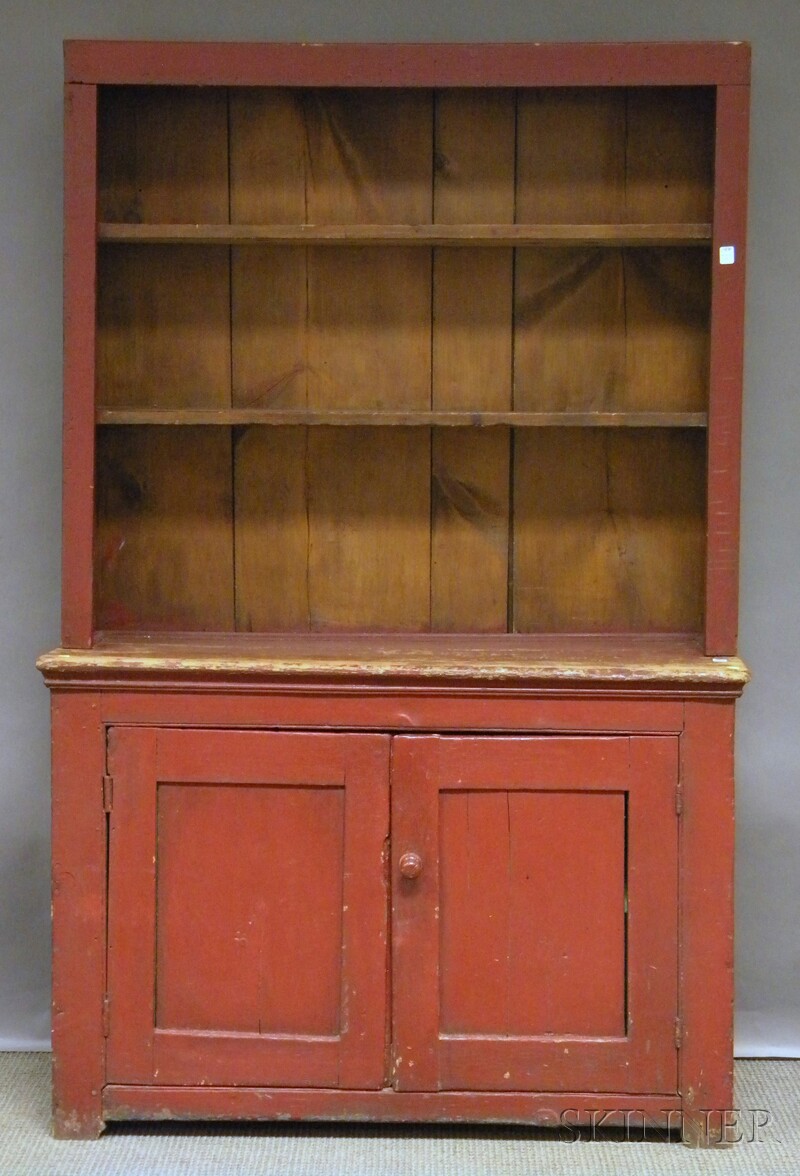 Appraisal: Country Red-painted Wood Step-back Cupboard ht wd dp in