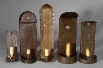 Appraisal: Five tole sconces three with crimped tops one with faint