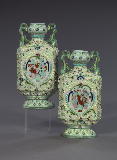 Appraisal: Pair of Elaborately Enameled Porcelain Two-Handled Nippon Garniture Vases fourth