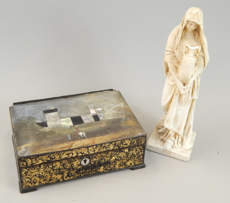 Appraisal: A Victorian mother of pearl inlaid papier mache box painted