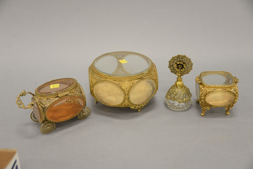 Appraisal: Brass and glass jewelry boxes and perfume bottle four pieces