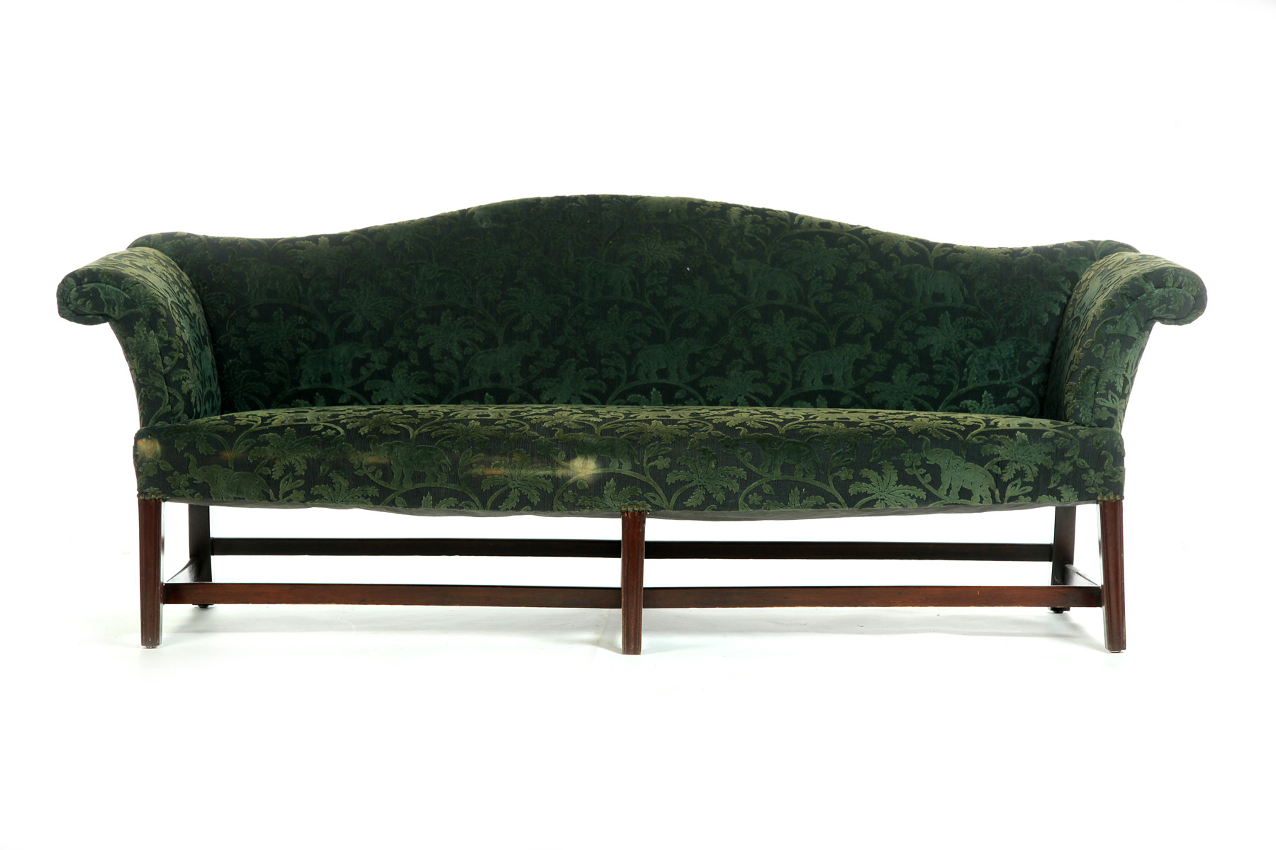 Appraisal: CHIPPENDALE-STYLE CAMELBACK SOFA Twentieth century mahogany Serpentine front and molded