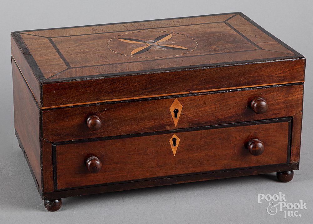 Appraisal: Mahogany inlaid sewing box th c Mahogany inlaid sewing box