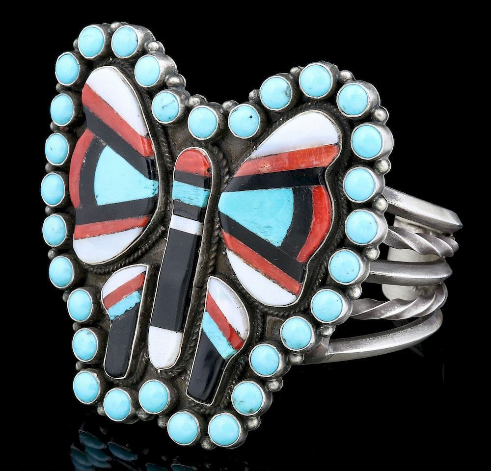 Appraisal: ANTHONY SKEETS NAVAJO BUTTERFLY BRACELET Turquoise coral onyx and pearl