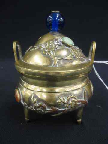 Appraisal: Chinese Jeweled Brass Covered Box jade ''jewels'' '' tall blue