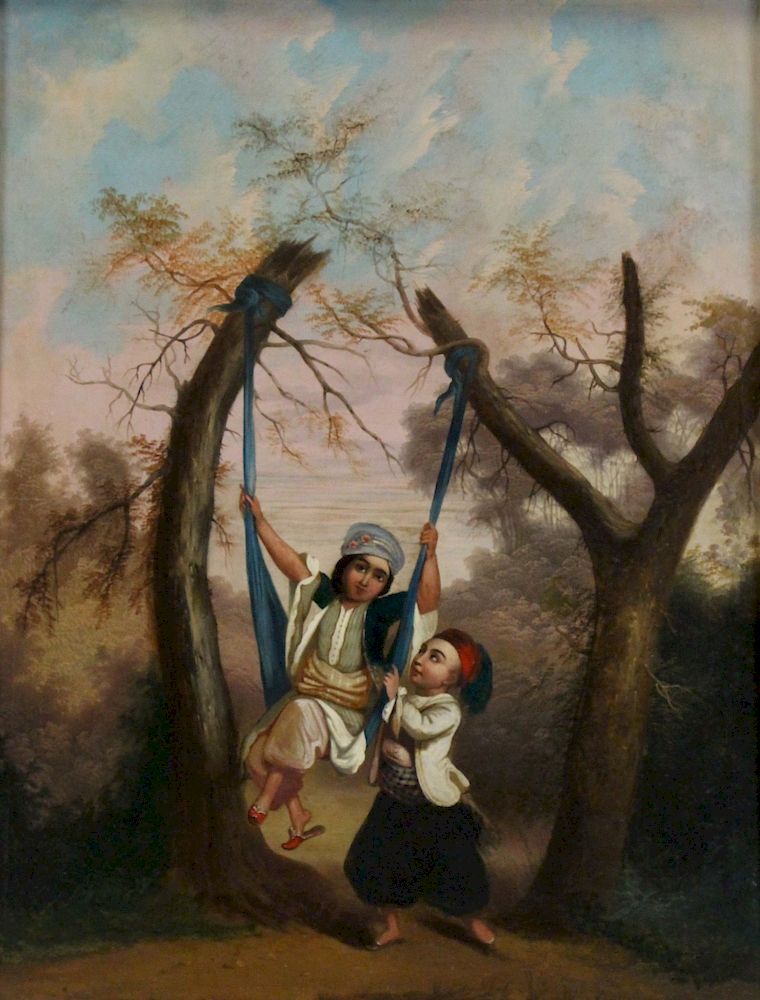 Appraisal: INDO-PERSIAN School Oil on Board Two Children From a Long