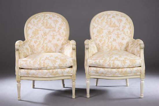 Appraisal: PAIR FRENCH LOUIS XVI-STYLE PAINTED MEDALLION-BACK BERGERES th century Each