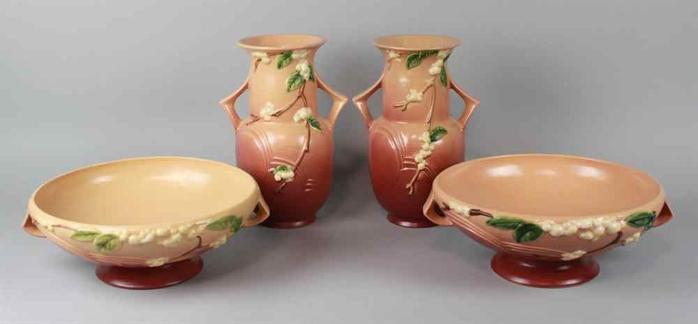 Appraisal: PAIR ROSEVILLE POTTERY PINK SNOWBERRY VASES waisted cylinder form with