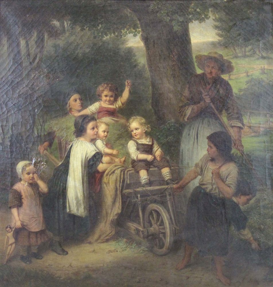 Appraisal: LASCH Carl Oil on Canvas Children in a Wagon Signed