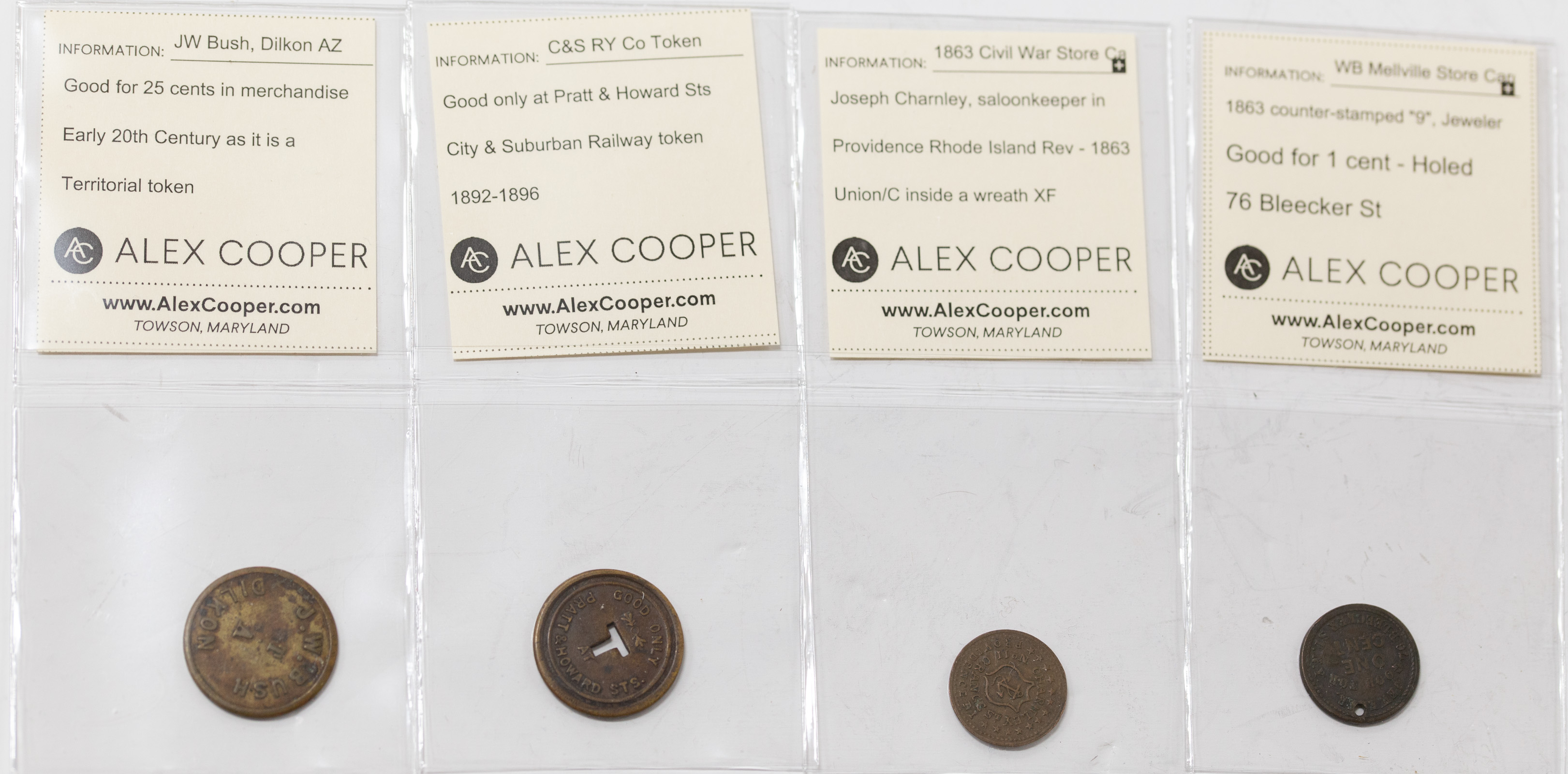 Appraisal: FOUR MERCHANT TOKENS TWO ARE CIVIL WAR STORE CARDS Providence