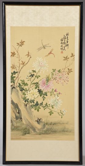 Appraisal: Tall Japanese Ink and Watercolor on Silk depicting a pair