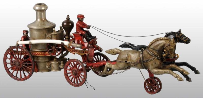 Appraisal: Cast Iron Hubley Horse-Drawn Fire Pumper Toy Description Pulled by