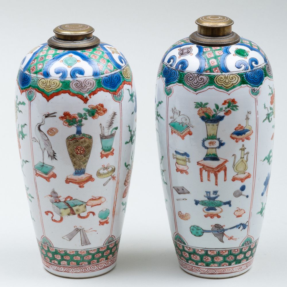 Appraisal: Pair of Chinese Famille Verte Porcelain Ovoid Vases with Later