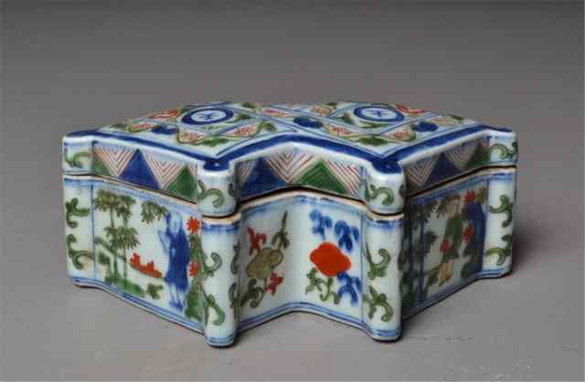 Appraisal: Chinese Tri-colored Porcelain Ink BoxUnusual eight-sided tri-color inkbox in shape