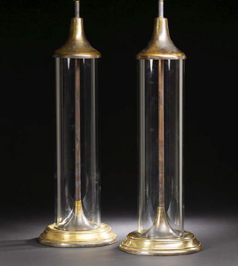 Appraisal: Tall Pair of French Bronze-Patinated Brass and Glass Hurricane Lamps