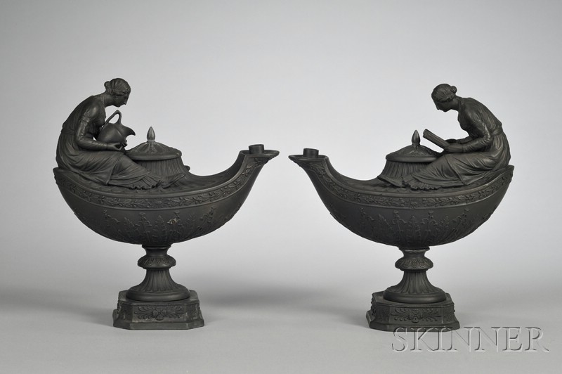 Appraisal: Pair of Wedgwood Black Basalt Vestal and Reading Lamps and