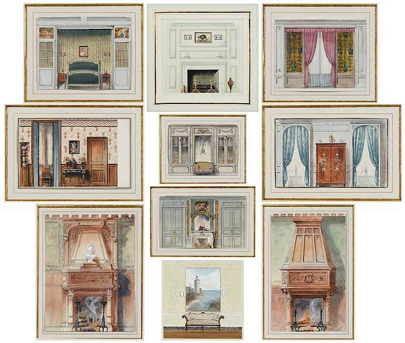 Appraisal: Ten Watercolor Interior Elevations early th century Nine formal room