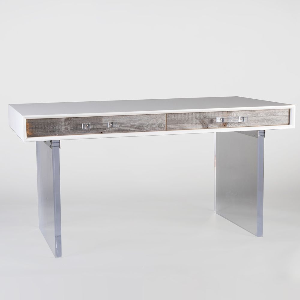 Appraisal: Modern Chrome Acrylic and Wood Desk Fitted with two frieze