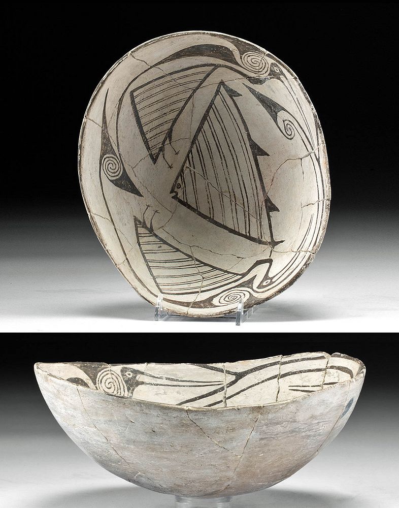 Appraisal: Mimbres Black on White Pottery Bowl w Fish Birds Native