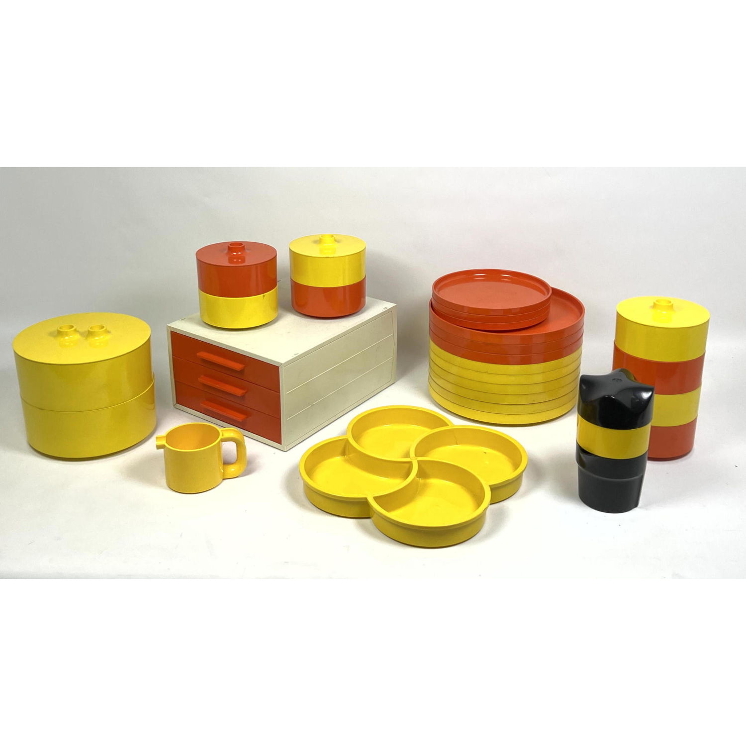 Appraisal: Large Lot Heller Red and Yellow Dishes and Containers Plastic