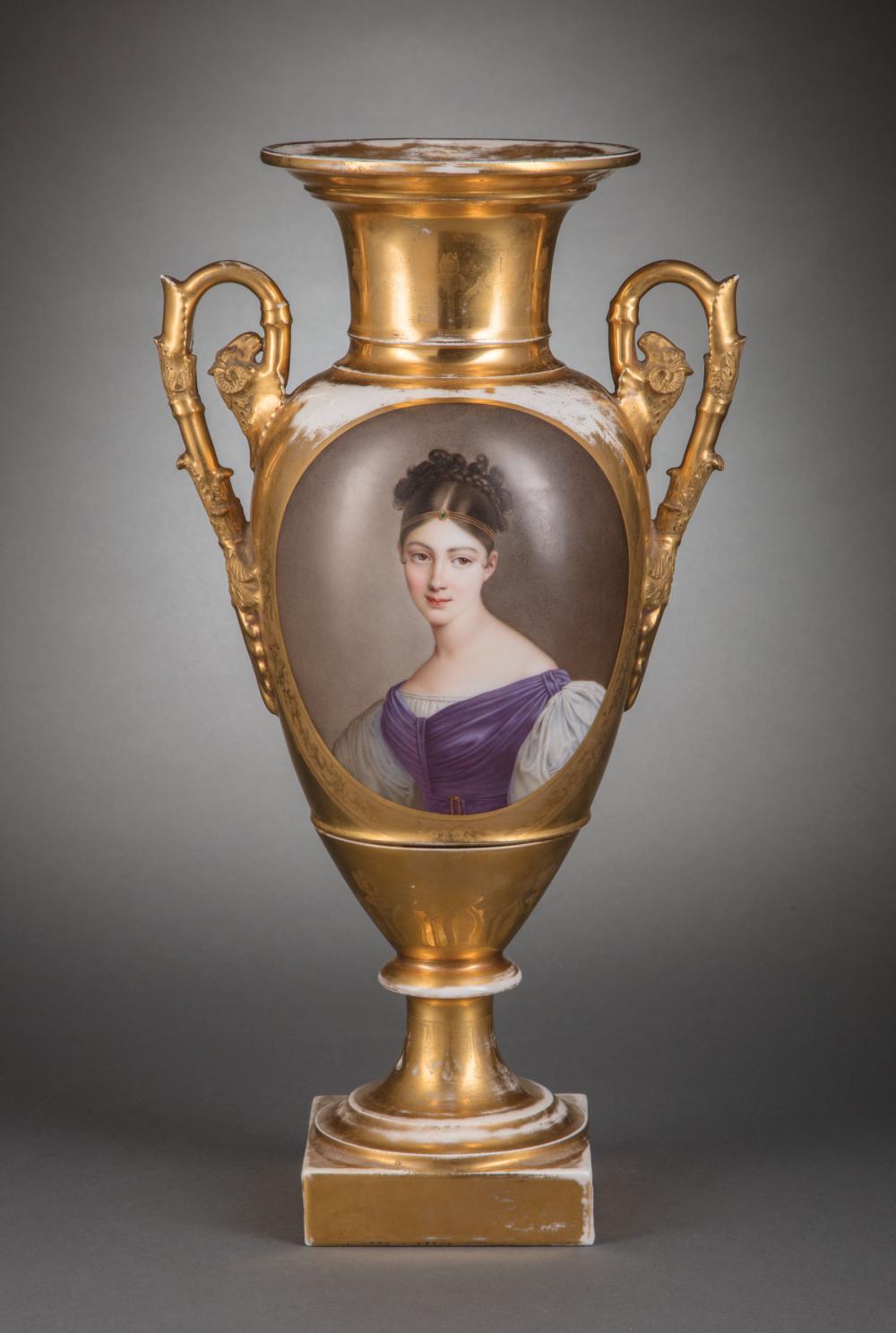 Appraisal: Large Paris Porcelain Polychrome and Gilt Portrait Vase early th