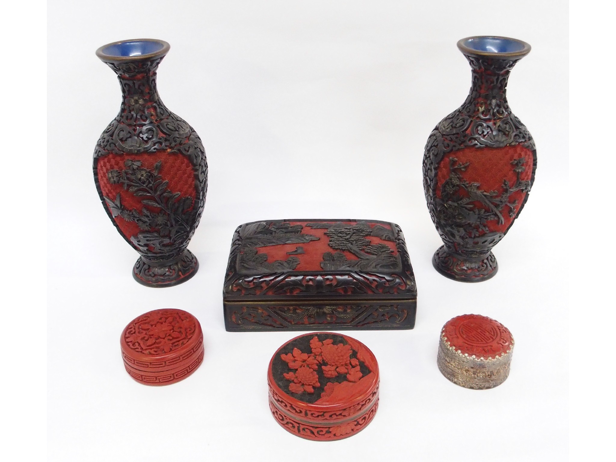 Appraisal: Six cinnabar-style object comprising pair of vases three round lidded