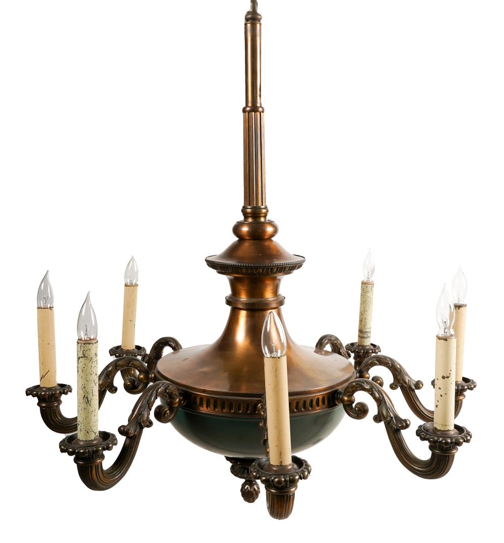 Appraisal: EIGHT LIGHT CHANDELIERgreen-painted and brass-finish metal with scrolled foliate arms