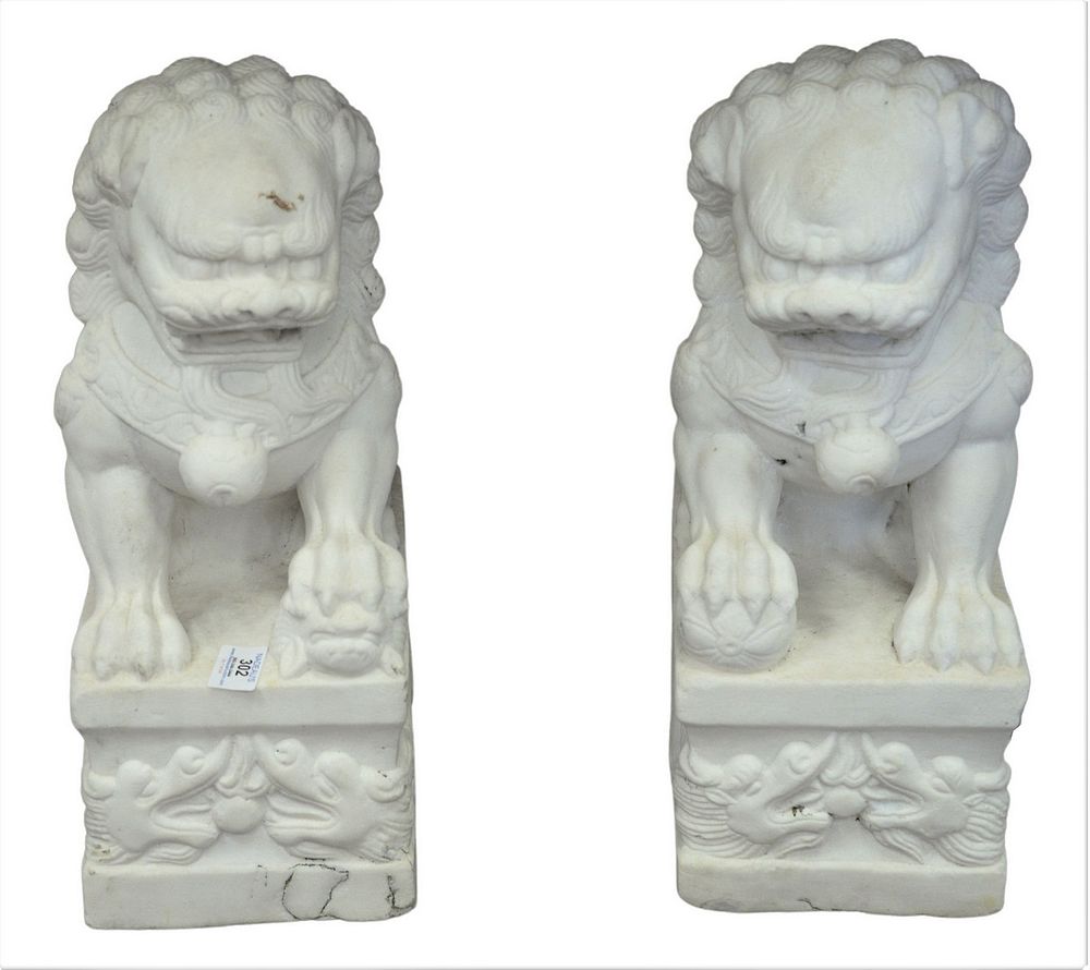 Appraisal: Pair of White Marble Garden Statue Foo Lions height inches