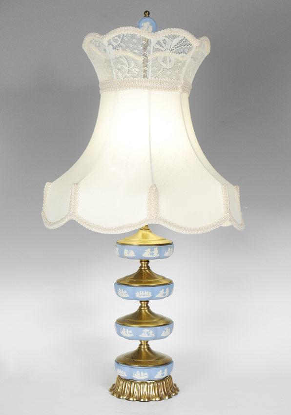 Appraisal: TIERED BRASS WEDGWOOD LAMP Brass base with tiers of blue