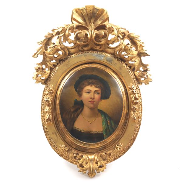 Appraisal: PAINTED WOOD PORTRAIT IN GILT FRAME x Painted portrait of