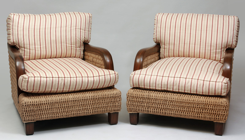 Appraisal: Pair of Large Rattan and Upholstered Armchairs Ralph Lauren x