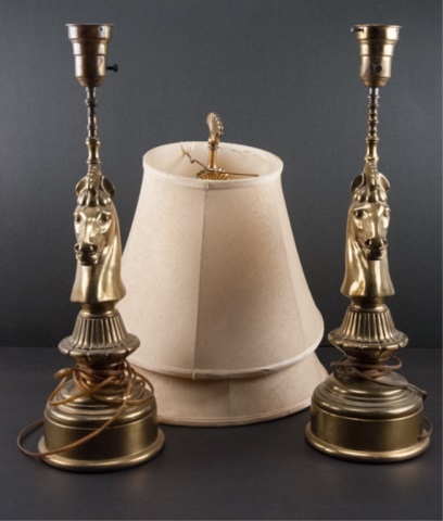 Appraisal: Pair of Brass Horse Head Lamps W shades H x