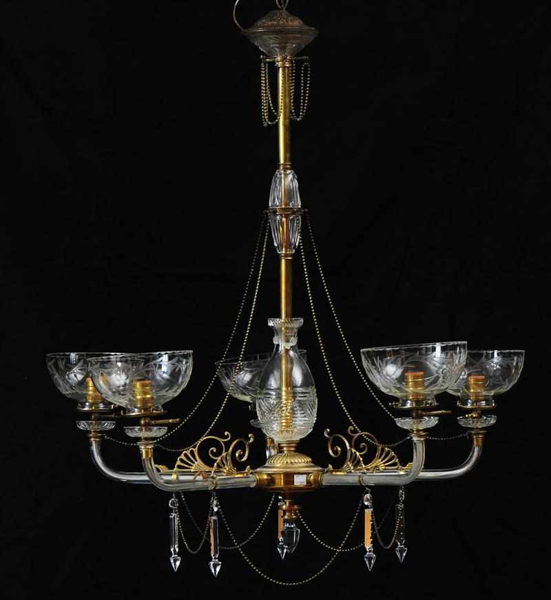 Appraisal: VICTORIAN RENAISSANCE REVIVAL BRASS-MOUNTED ENGRAVED AND CUT-GLASS FOUR-LIGHT CHANDELIER The